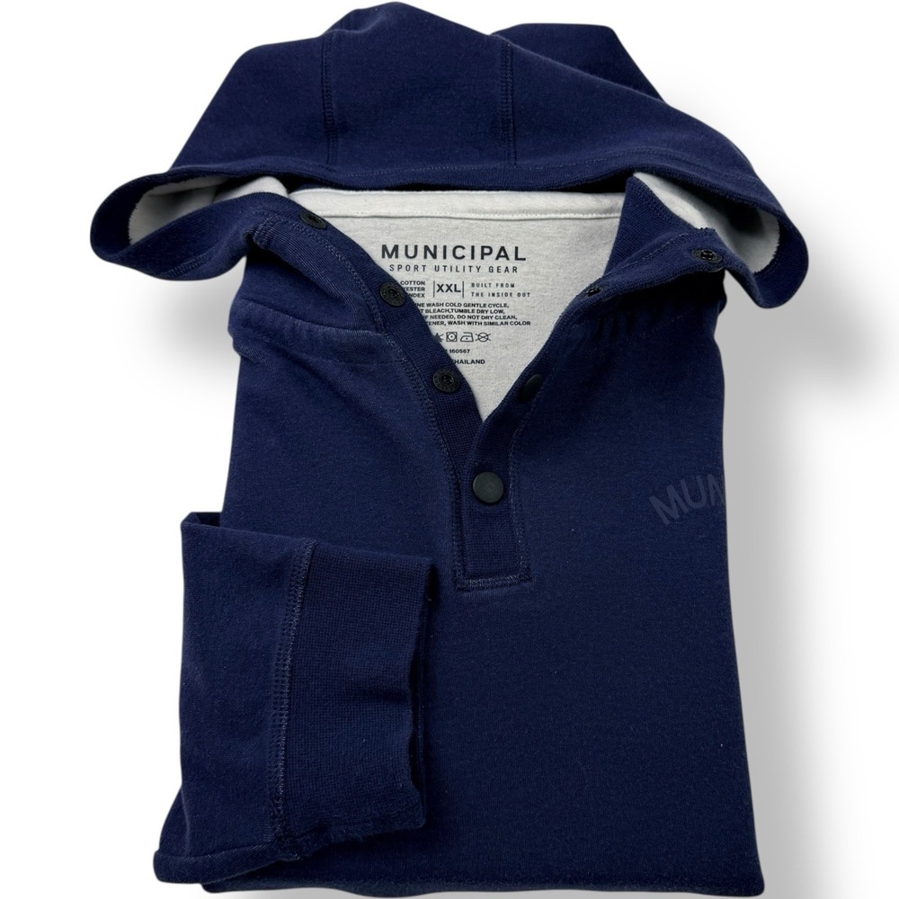 Municipal‎ Blue Henley Hoodie Fleece Sweatshirt Men's Size 2XL